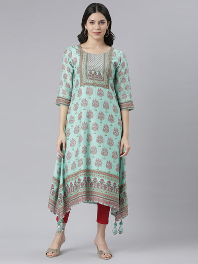 Neeru's Sea Green Regular High-Low Kurtas