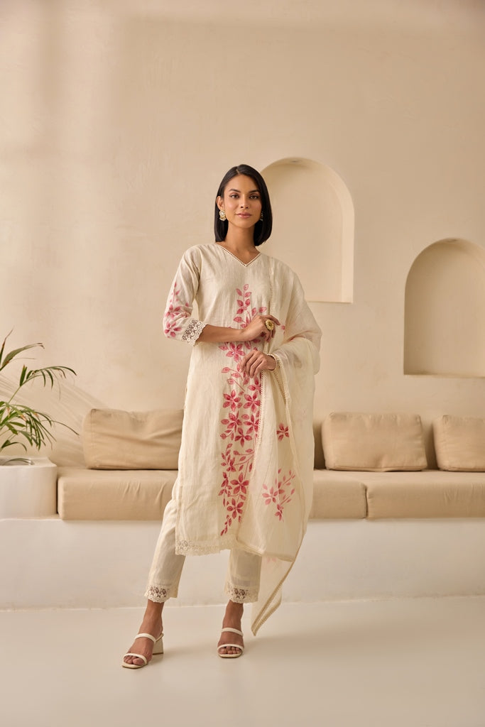 Neerus Pink Straight Embellished Kurta And Trousers With Dupatta.