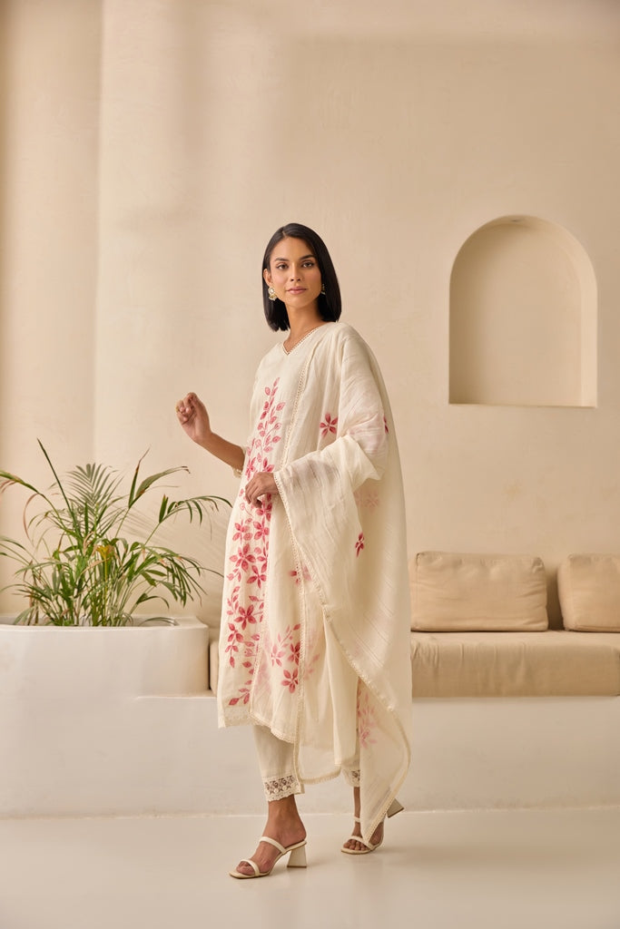 Neerus Pink Straight Embellished Kurta And Trousers With Dupatta.