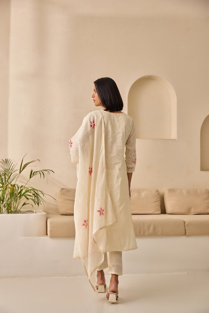 Neerus Pink Straight Embellished Kurta And Trousers With Dupatta.