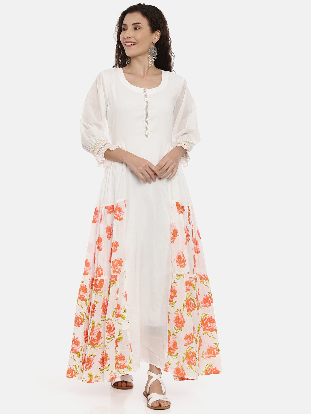 Neerus White Floral Printed Thread Work Kurta