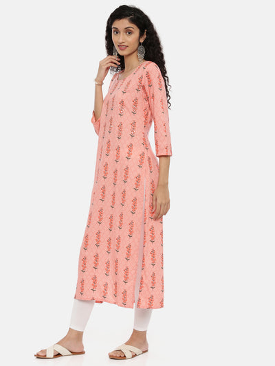 Neerus Women Coral Orange Ethnic Motifs Printed Kurta