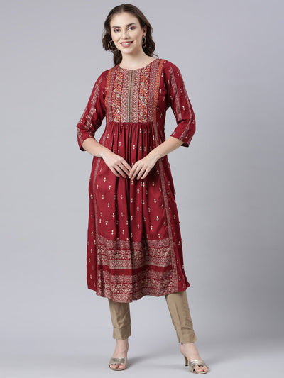 Neerus Maroon Pleated Straight Floral Kurtas