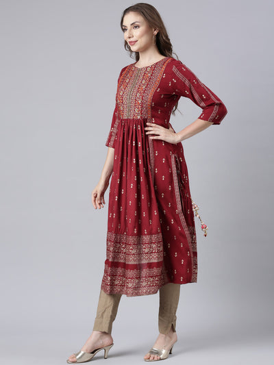 Neerus Maroon Pleated Straight Floral Kurtas