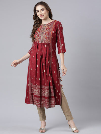 Neerus Maroon Pleated Straight Floral Kurtas