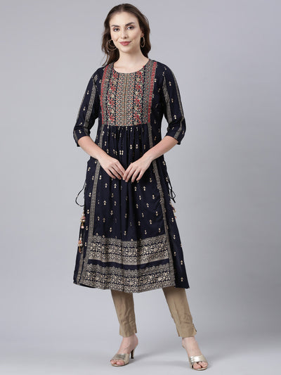 Neerus Navy Blue Pleated Straight Floral Kurtas