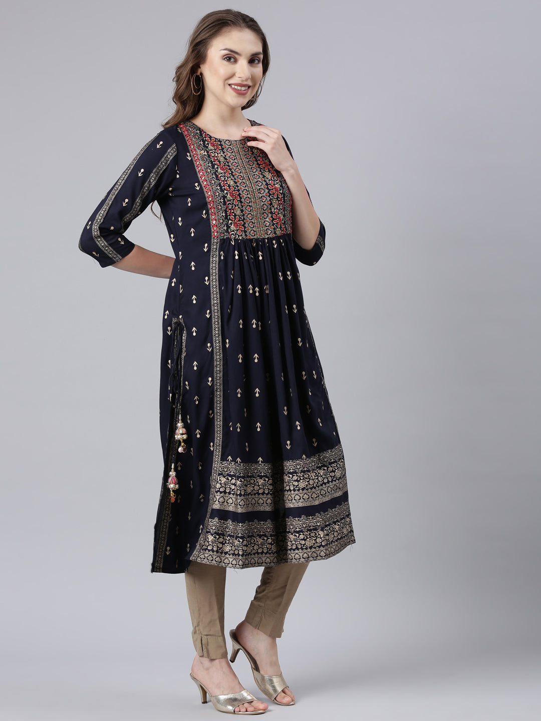 Neerus Navy Blue Pleated Straight Floral Kurtas