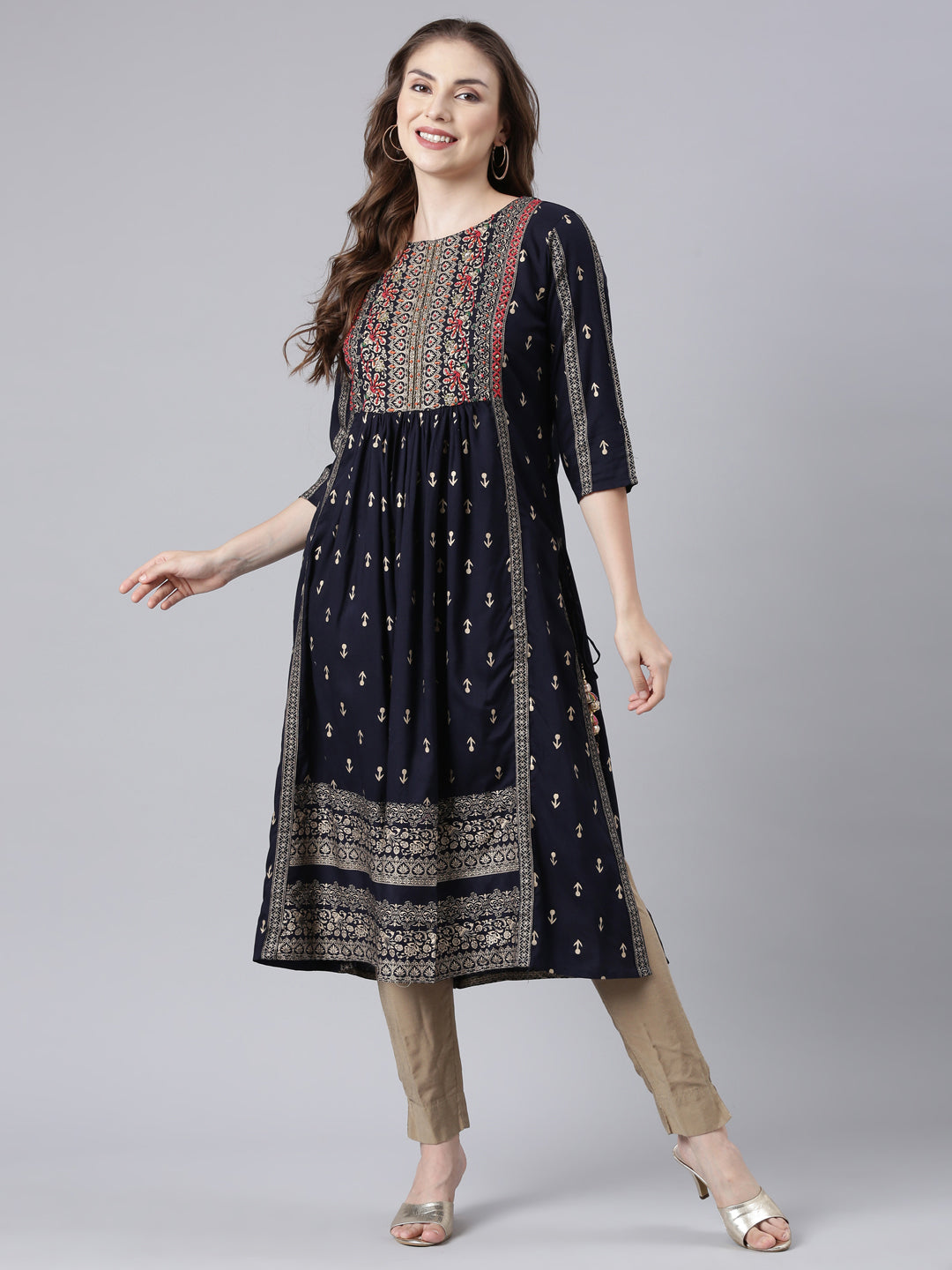 Neerus Navy Blue Pleated Straight Floral Kurtas