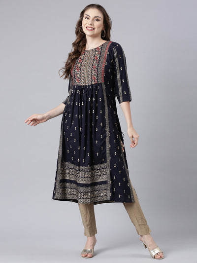 Neerus Navy Blue Pleated Straight Floral Kurtas