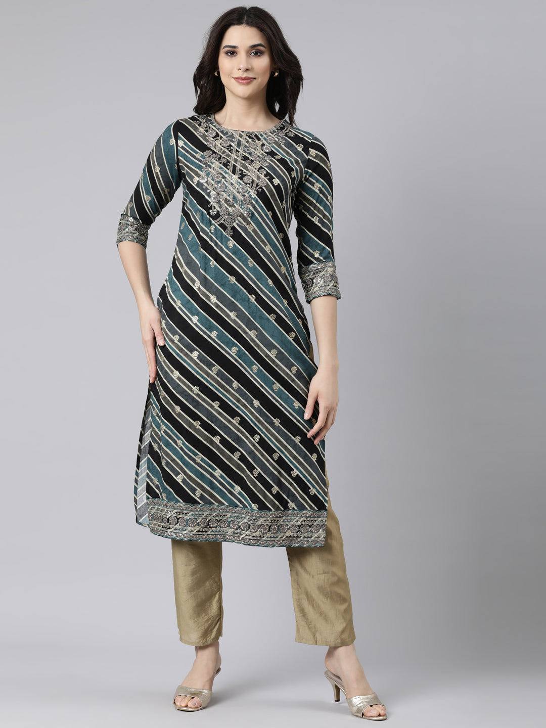 Neerus Grey Panelled Straight Striped Kurtas