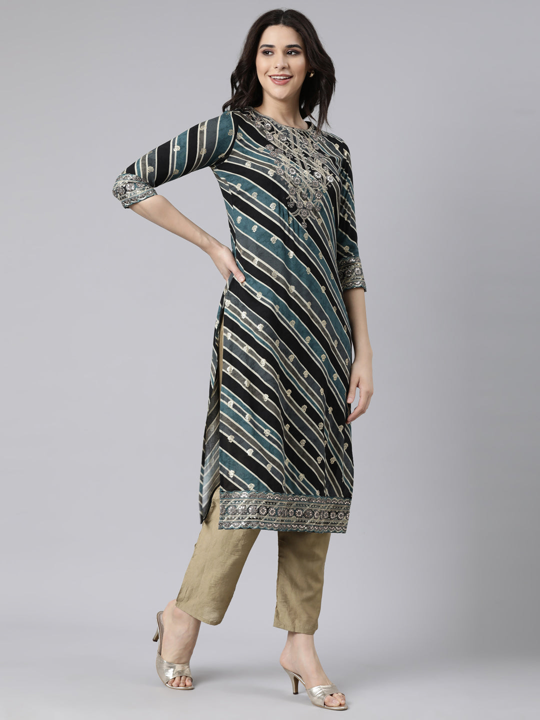 Neerus Grey Panelled Straight Striped Kurtas