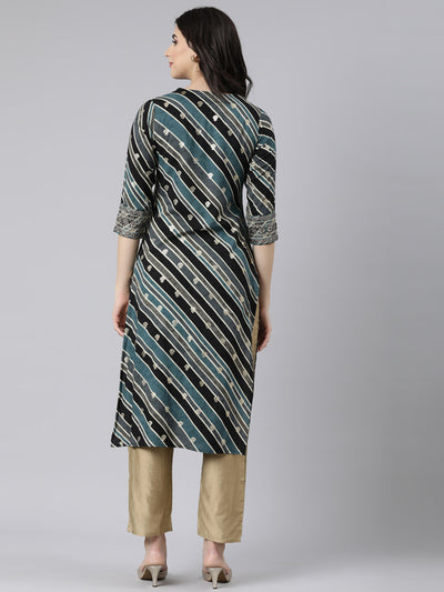 Neerus Grey Panelled Straight Striped Kurtas