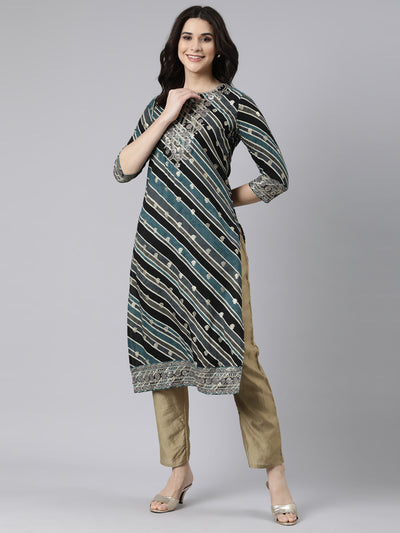 Neerus Grey Panelled Straight Striped Kurtas