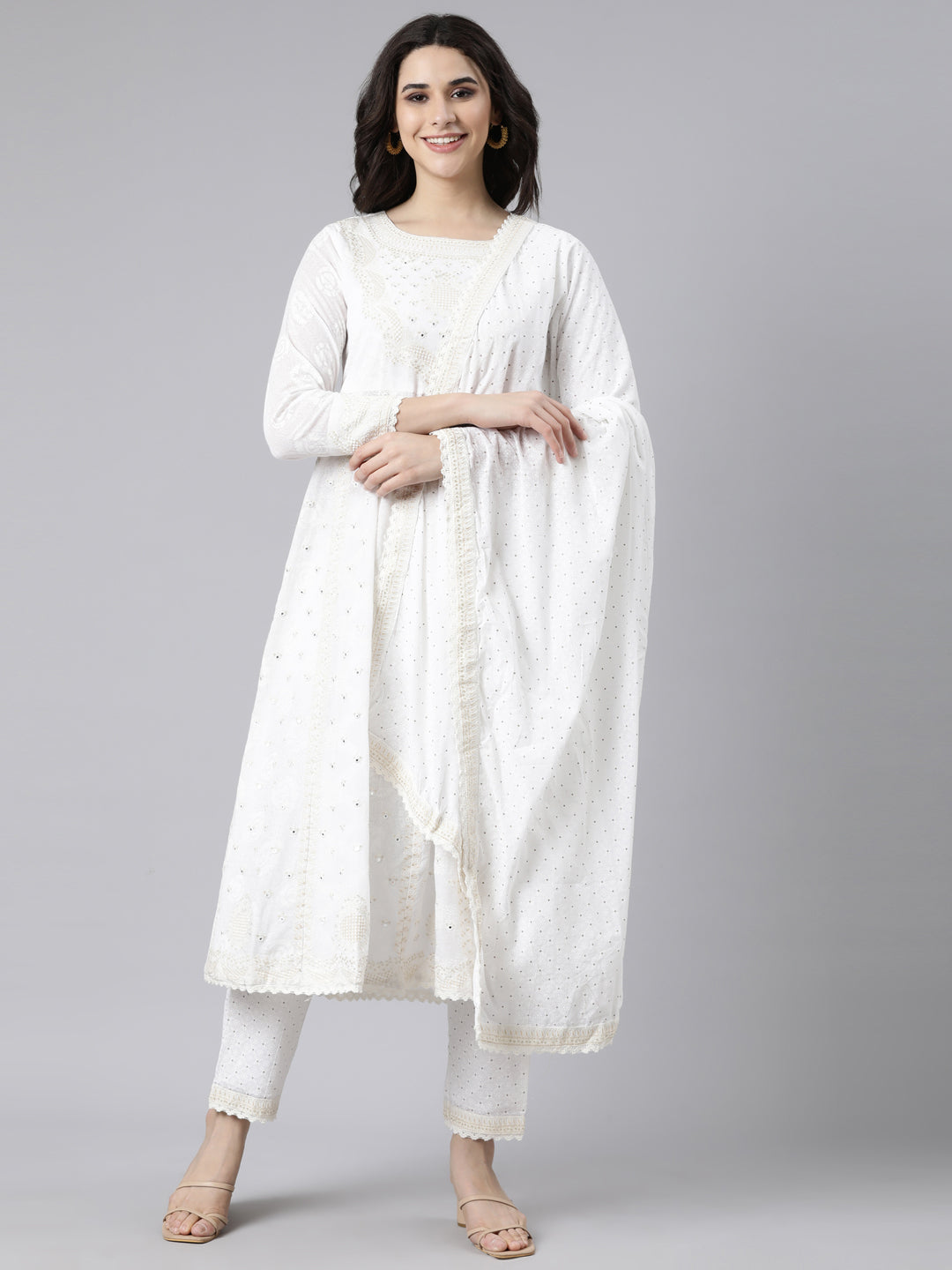 Neerus Off White Regular Straight Floral Kurta And  Trousers With Dupatta