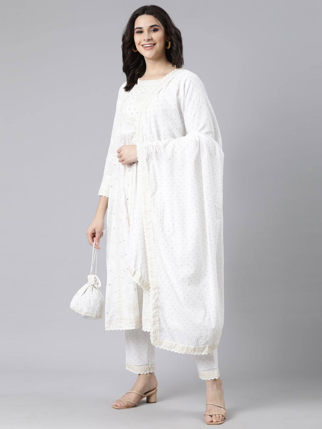 Neerus Off White Regular Straight Floral Kurta And  Trousers With Dupatta