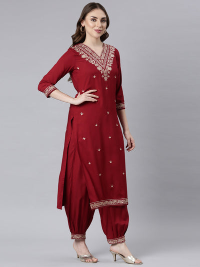 Neerus Maroon Panelled Straight Ethnic Motifs Kurta And Churidar With Dupatta