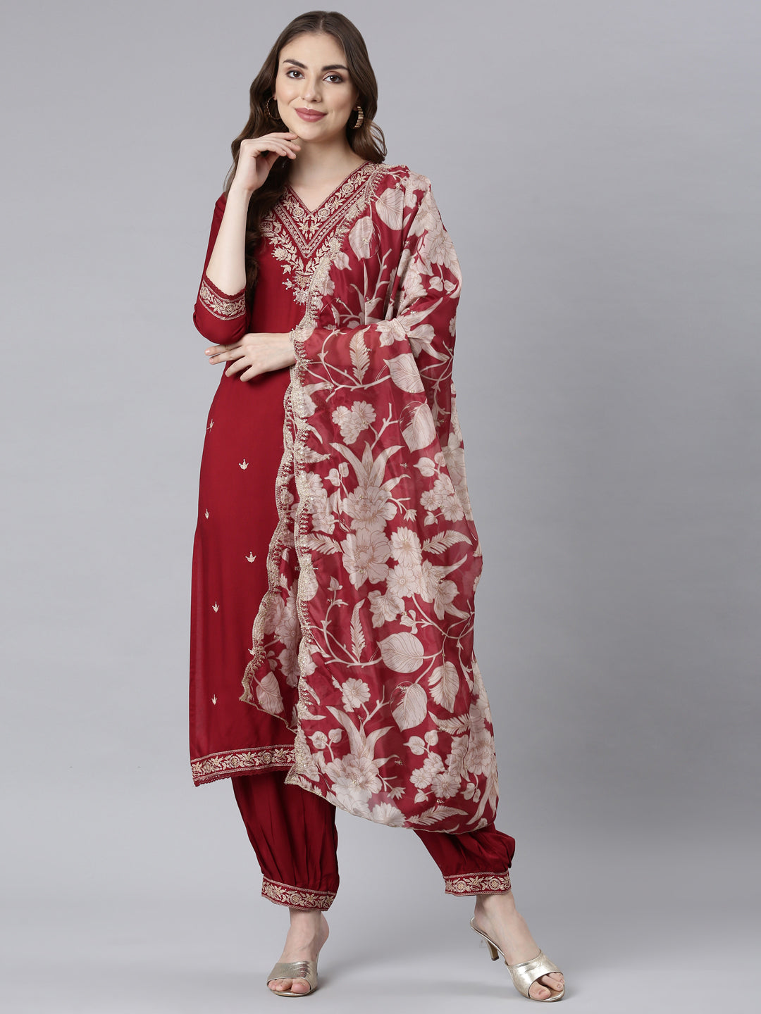 Neerus Maroon Panelled Straight Ethnic Motifs Kurta And Churidar With Dupatta