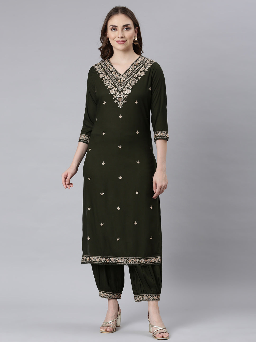 Neerus Olive Panelled Straight Ethnic Motifs Kurta And Churidar With Dupatta