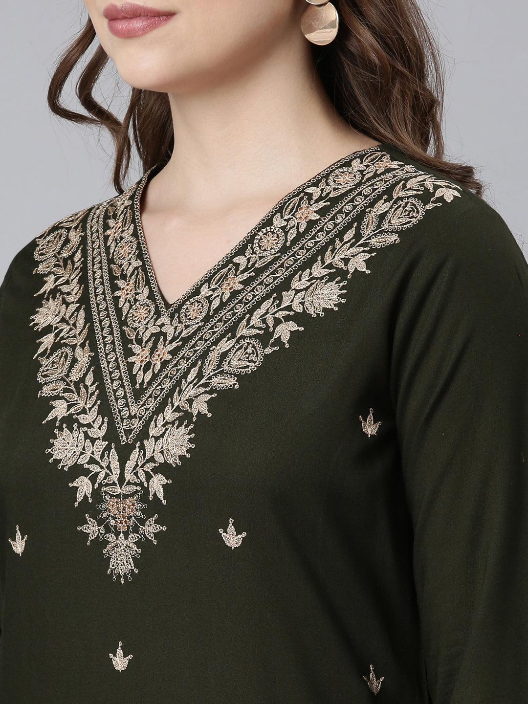 Neerus Olive Panelled Straight Ethnic Motifs Kurta And Churidar With Dupatta