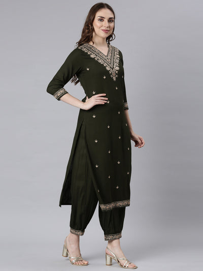 Neerus Olive Panelled Straight Ethnic Motifs Kurta And Churidar With Dupatta