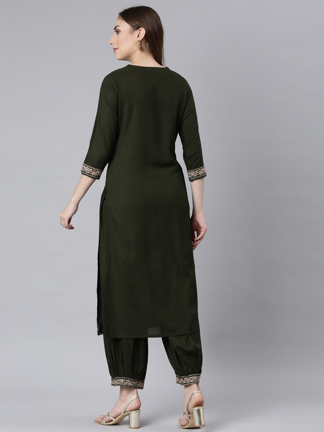 Neerus Olive Panelled Straight Ethnic Motifs Kurta And Churidar With Dupatta