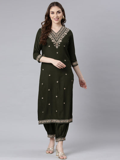 Neerus Olive Panelled Straight Ethnic Motifs Kurta And Churidar With Dupatta