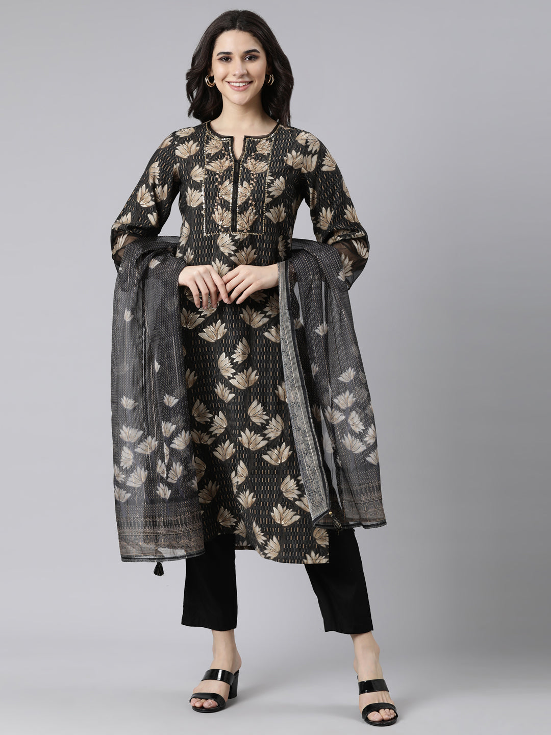 Neerus Black Regular Straight Floral Kurta And  Trousers With Dupatta