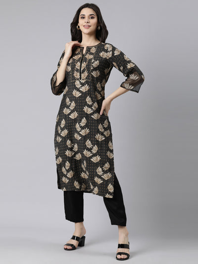 Neerus Black Regular Straight Floral Kurta And  Trousers With Dupatta