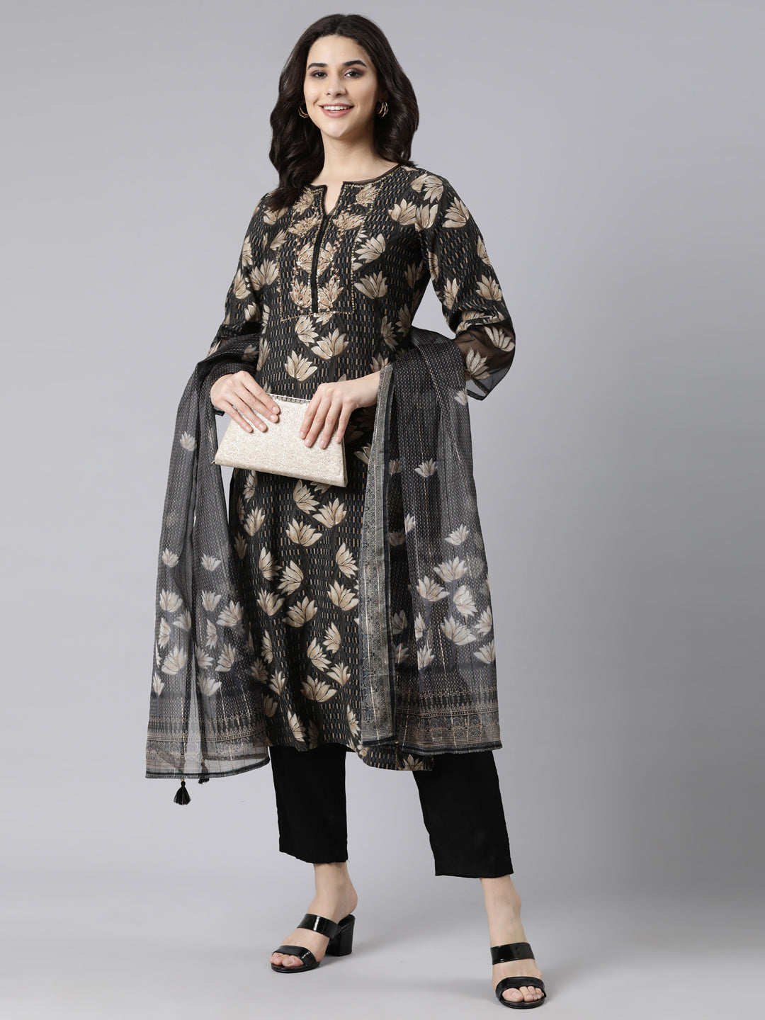 Neerus Black Regular Straight Floral Kurta And  Trousers With Dupatta