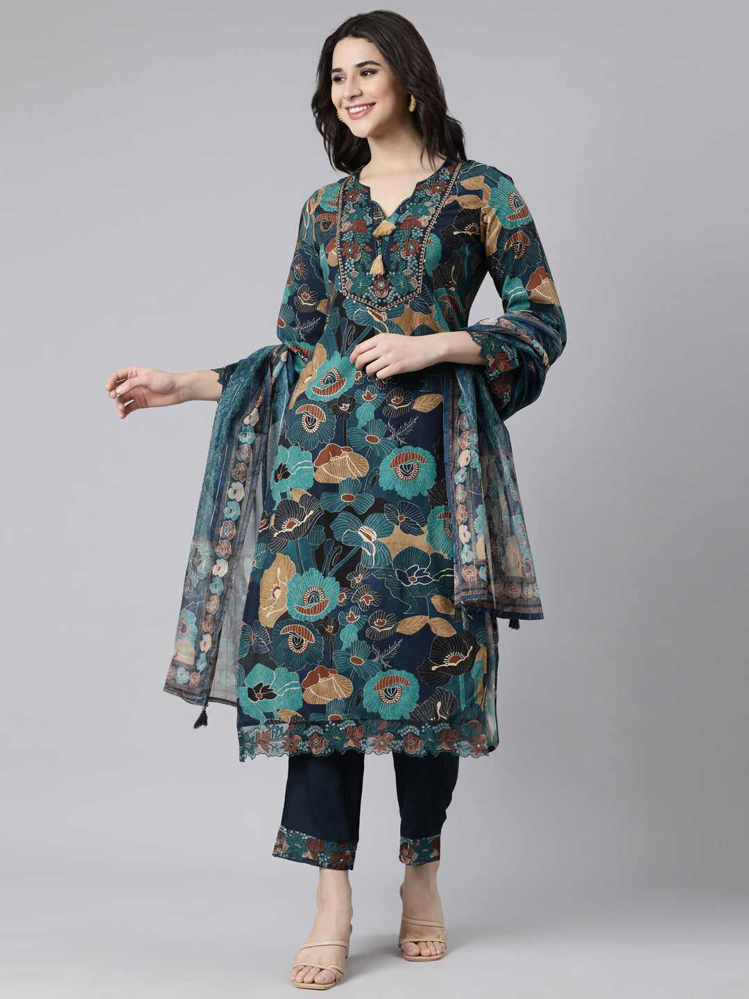 Neerus Navy Blue Regular Straight Floral Kurta And  Trousers With Dupatta