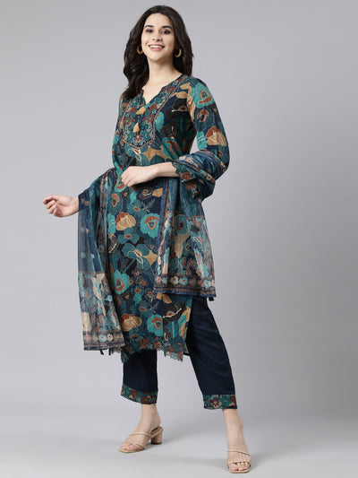 Neerus Navy Blue Regular Straight Floral Kurta And  Trousers With Dupatta