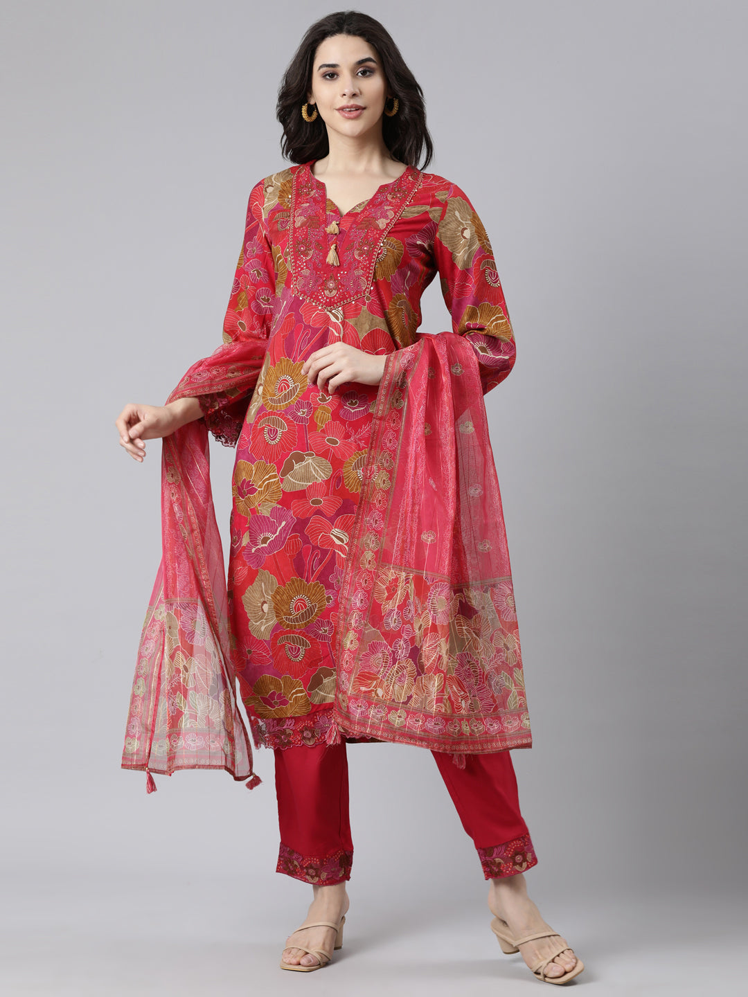 Neerus Pink Regular Straight Floral Kurta And  Trousers With Dupatta