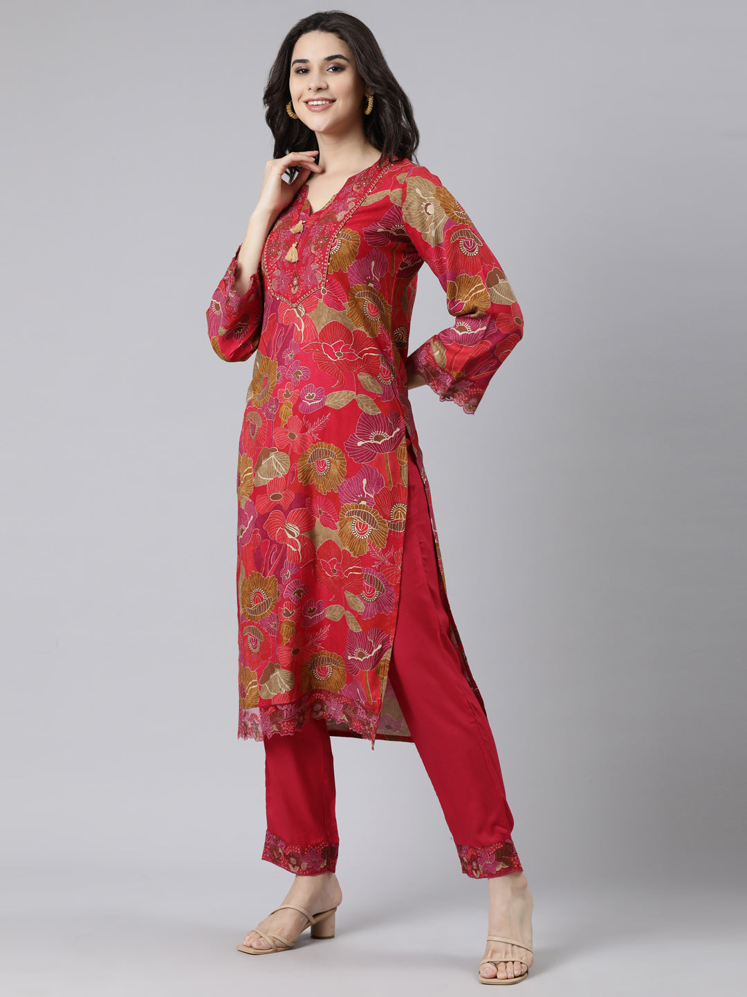 Neerus Pink Regular Straight Floral Kurta And  Trousers With Dupatta