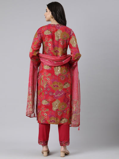 Neerus Pink Regular Straight Floral Kurta And  Trousers With Dupatta