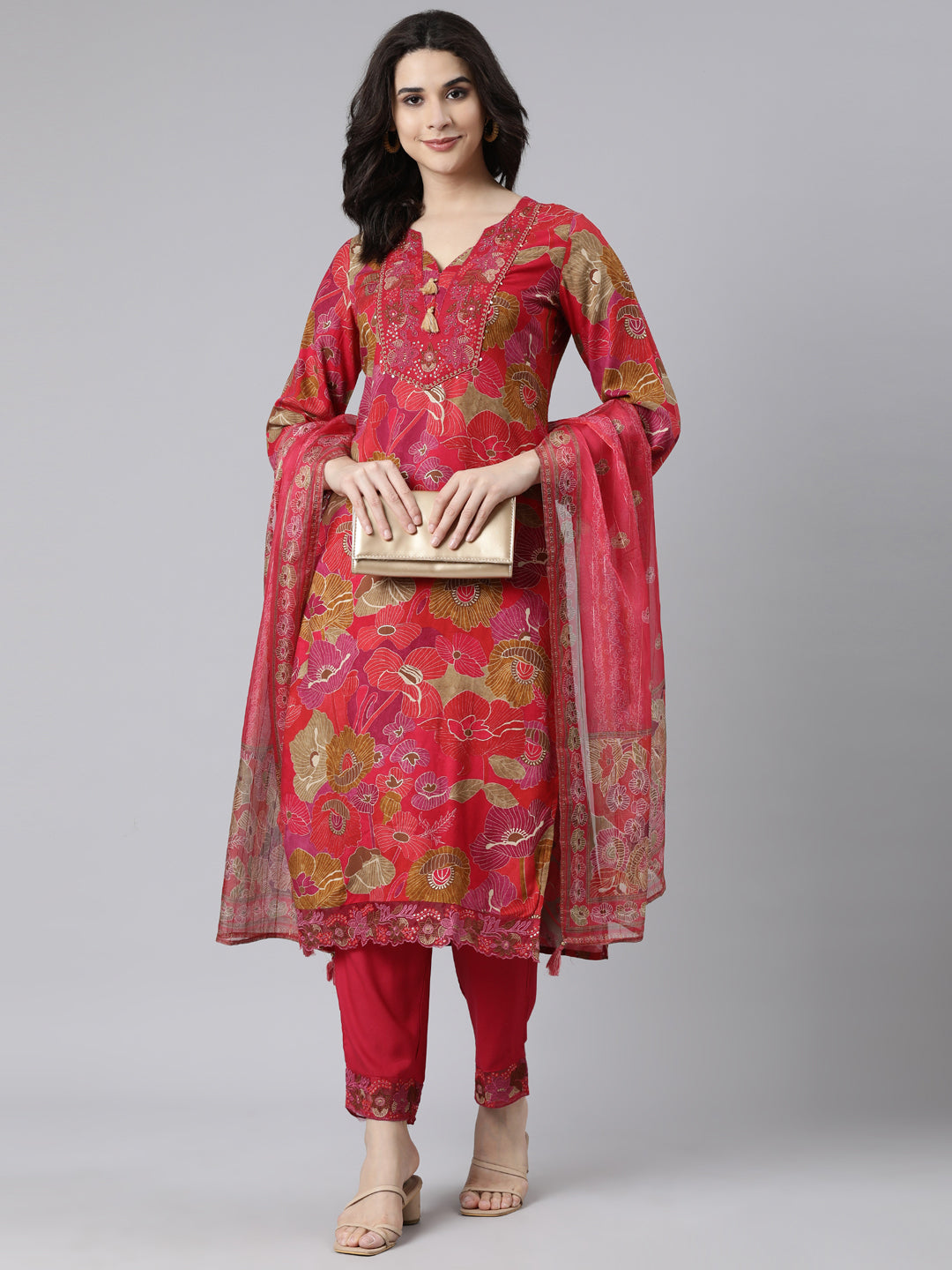 Neerus Pink Regular Straight Floral Kurta And  Trousers With Dupatta