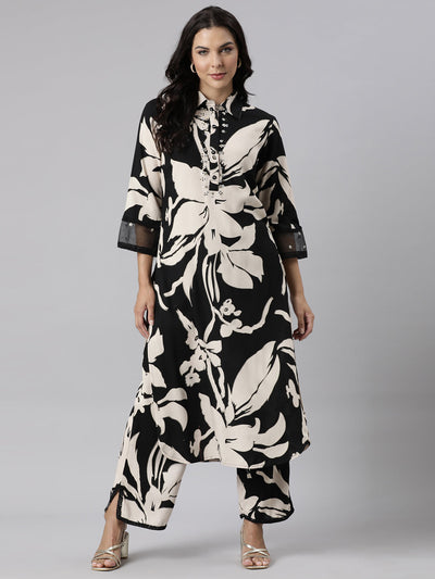 Neerus Black Panelled Straight Printed Kurta And Palazzos