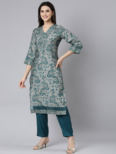 Neerus Blue Regular Straight Paisley Kurta And Trousers With Dupatta