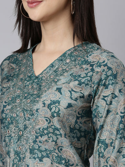 Neerus Blue Regular Straight Paisley Kurta And Trousers With Dupatta