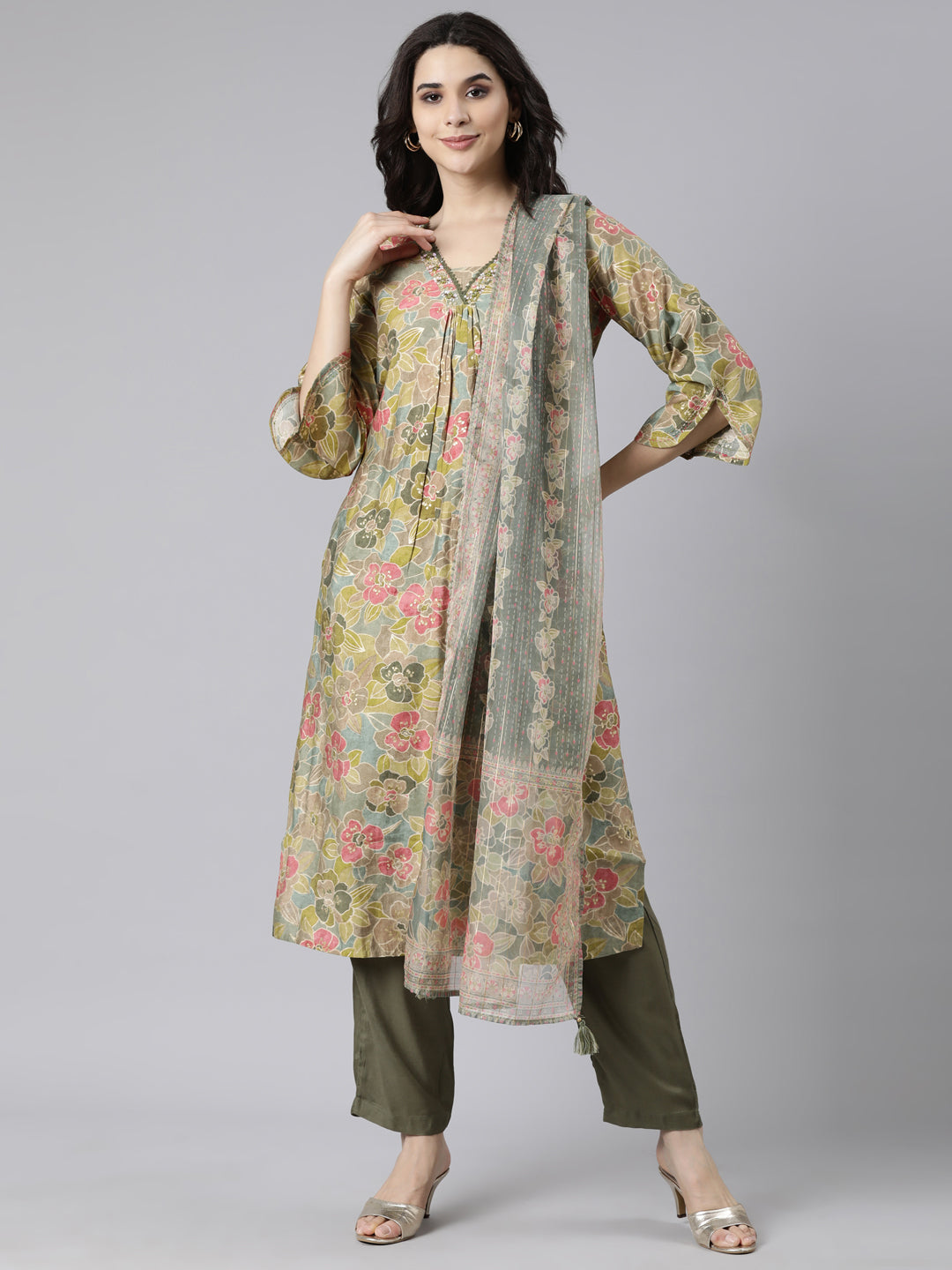 Neerus Green Pleated Straight Floral Kurta And  Trousers With Dupatta