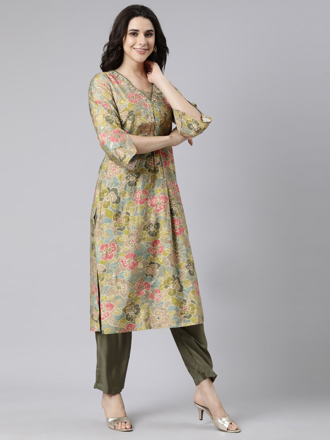 Neerus Green Pleated Straight Floral Kurta And  Trousers With Dupatta