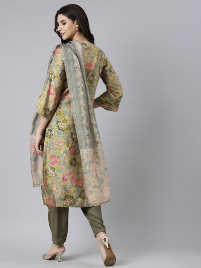 Neerus Green Pleated Straight Floral Kurta And  Trousers With Dupatta