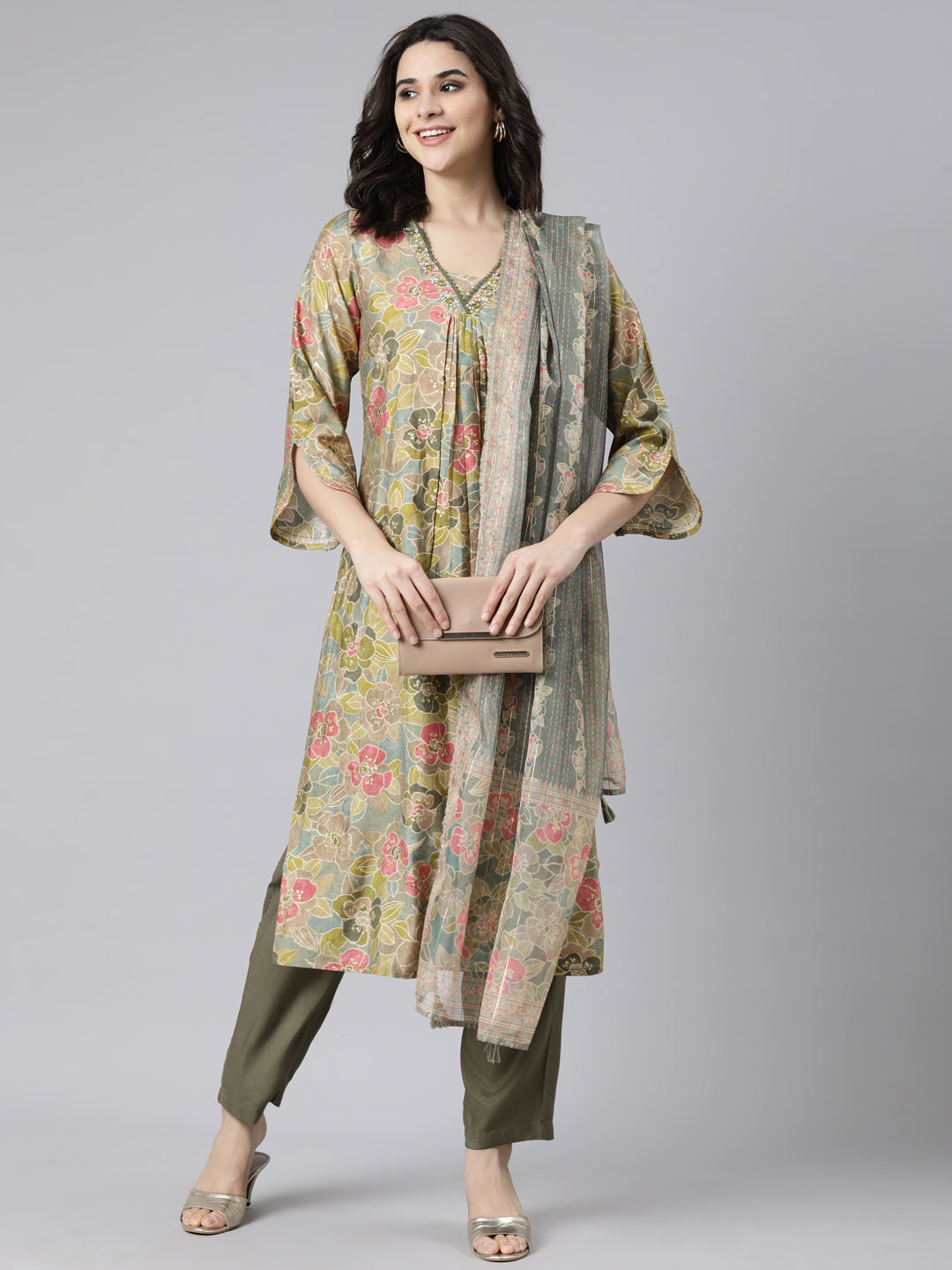 Neerus Green Pleated Straight Floral Kurta And  Trousers With Dupatta