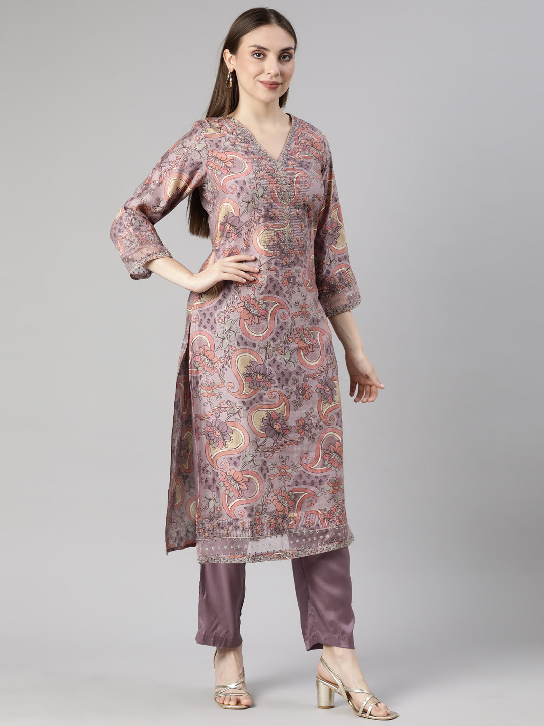 Neerus Lavender Regular Straight Floral Kurta And  Trousers With Dupatta