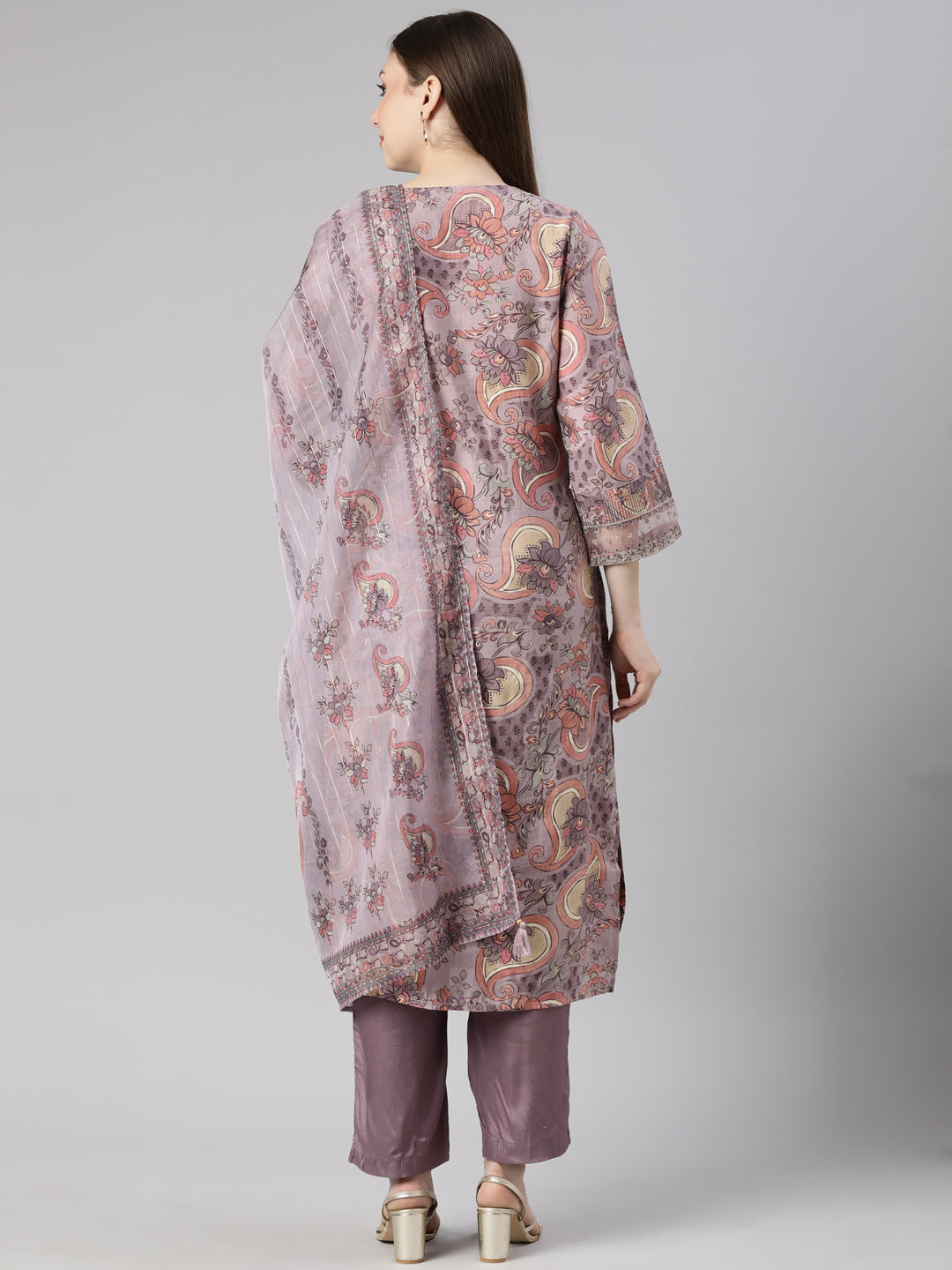 Neerus Lavender Regular Straight Floral Kurta And  Trousers With Dupatta