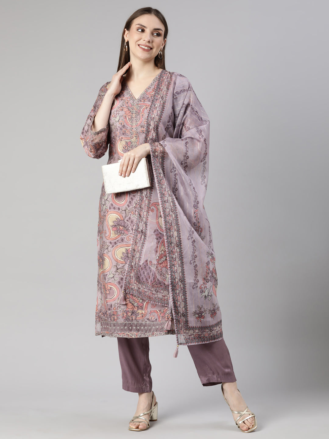 Neerus Lavender Regular Straight Floral Kurta And  Trousers With Dupatta