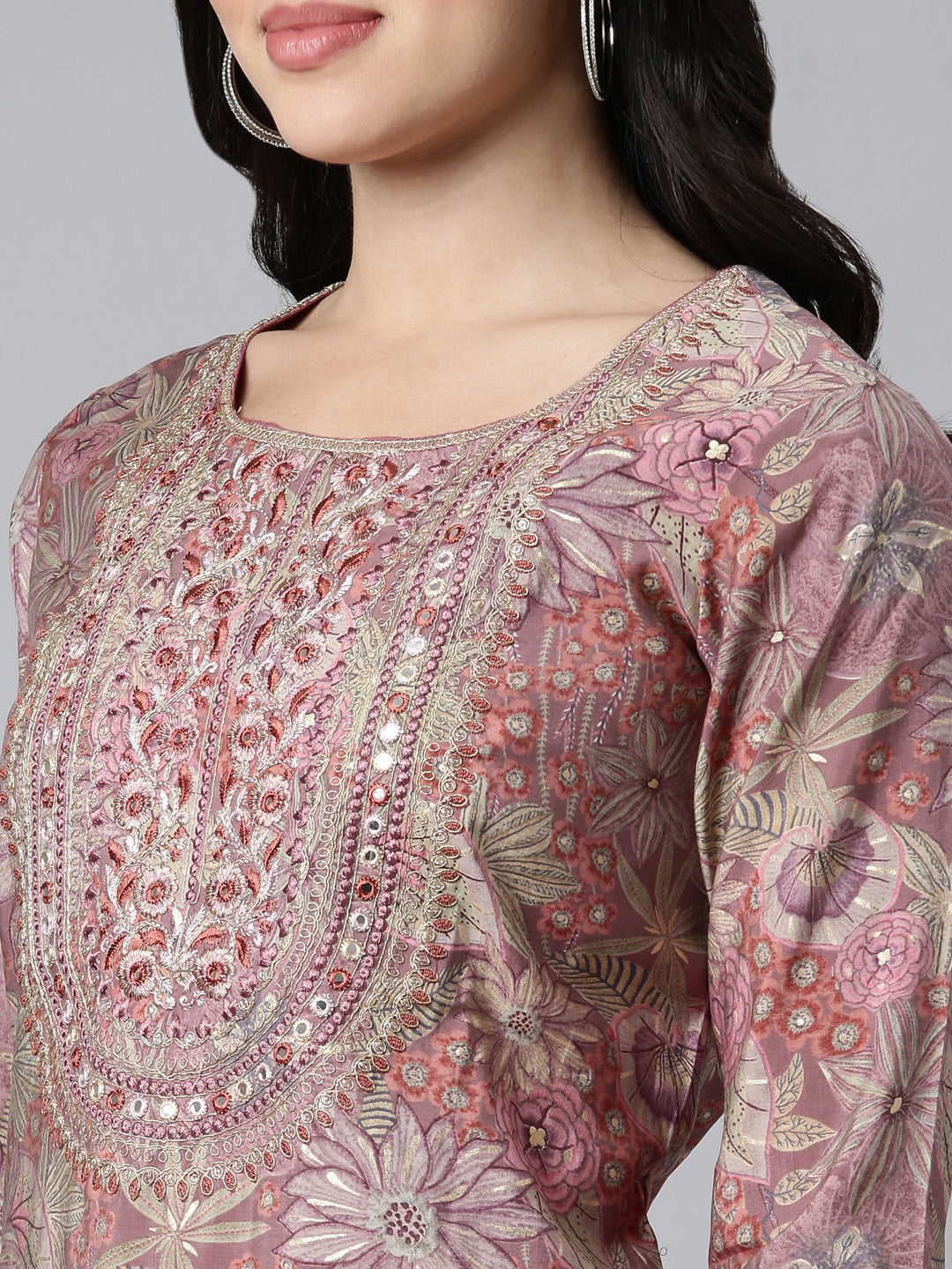 Neerus Pink Regular Straight Floral Kurta And Trousers With Dupatta