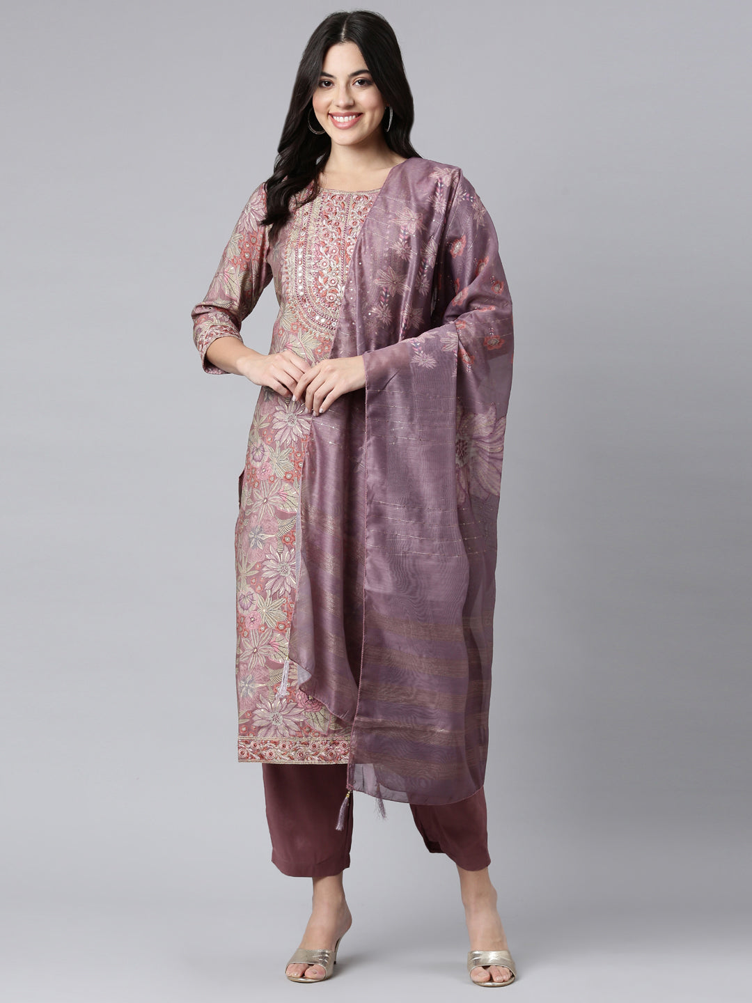 Neerus Pink Regular Straight Floral Kurta And Trousers With Dupatta