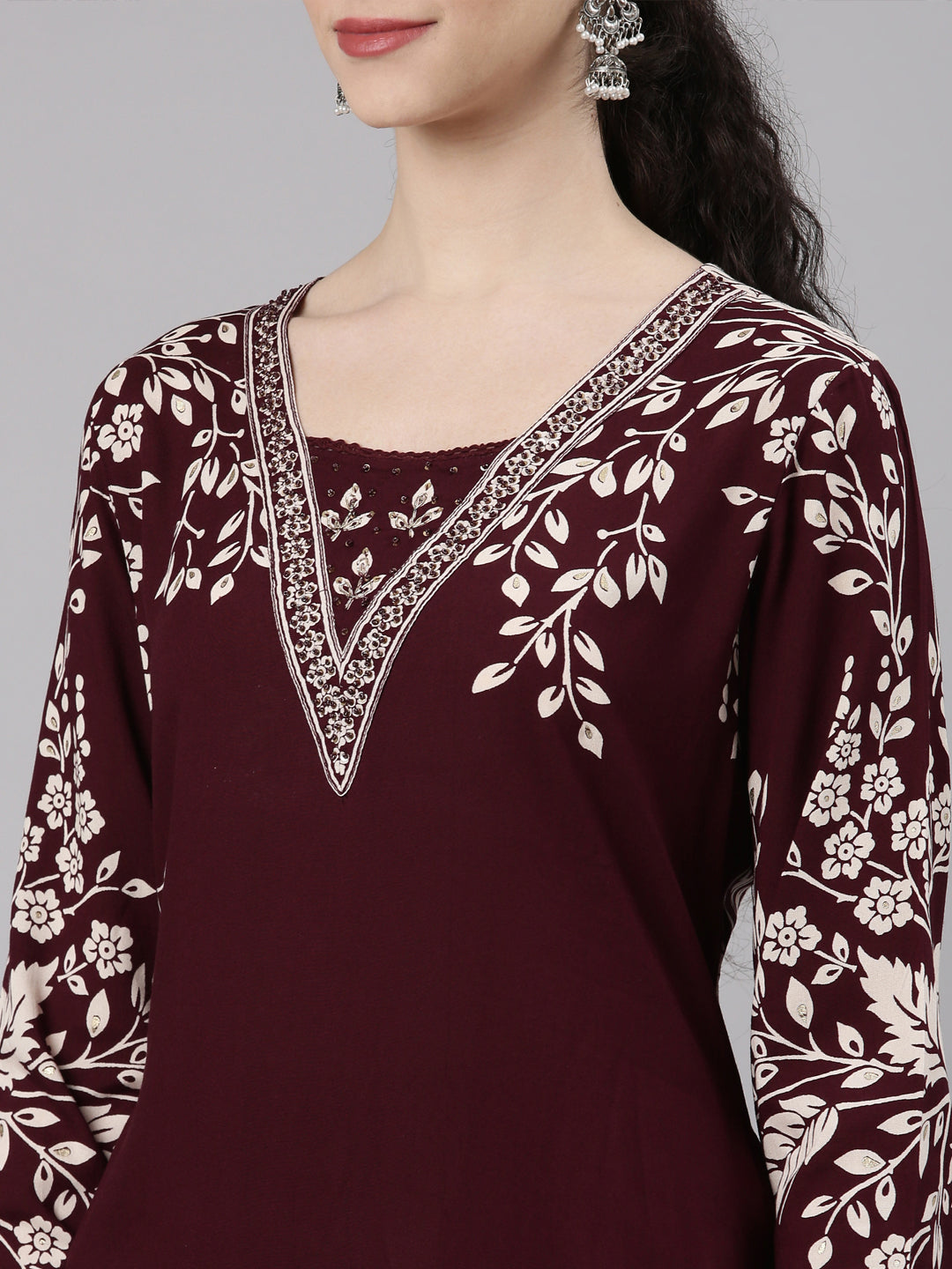 Neerus Maroon Straight Casual Floral Kurta and Plazzo