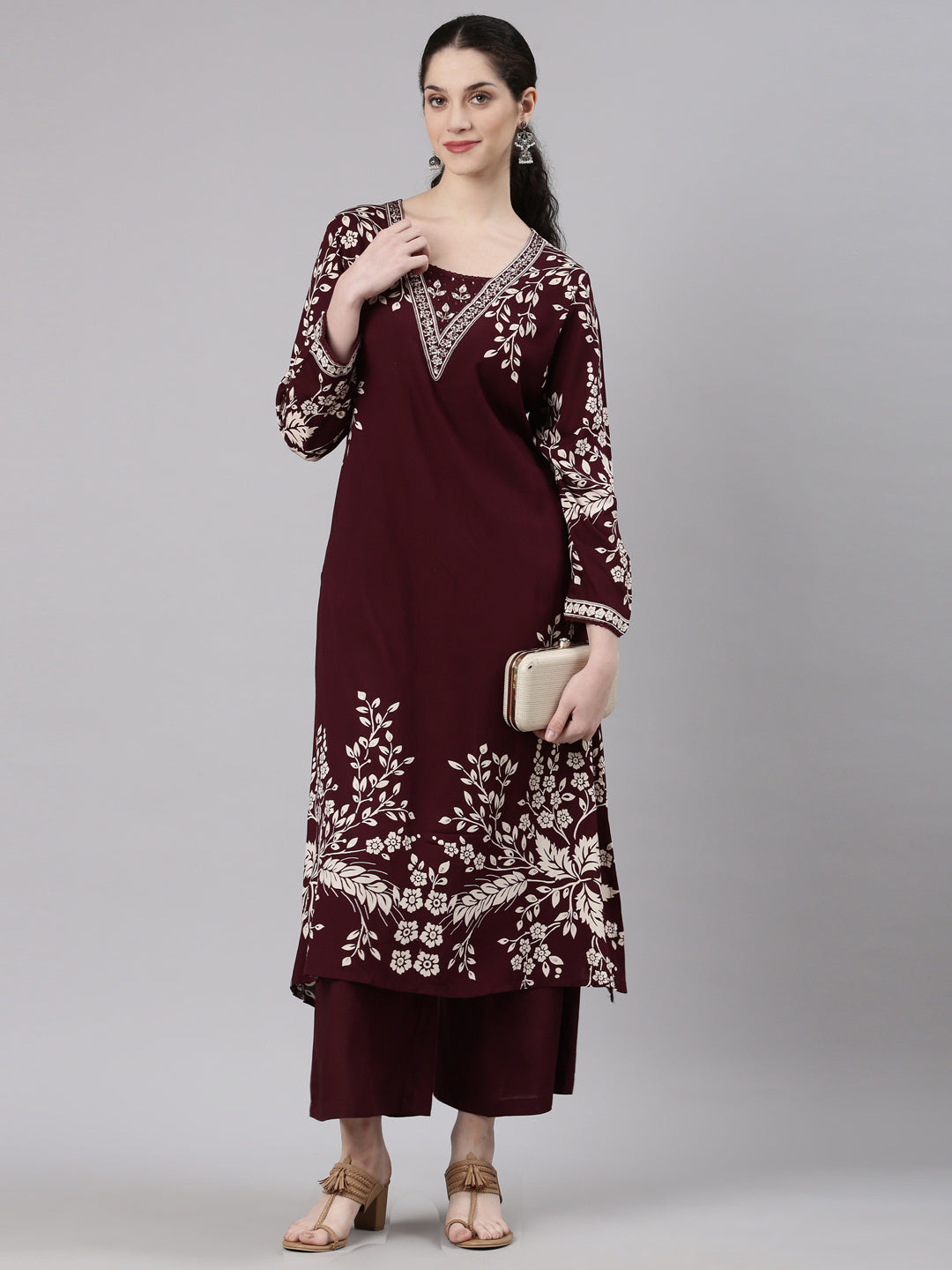 Neerus Maroon Straight Casual Floral Kurta and Plazzo