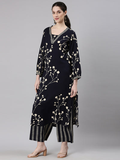 Neerus Navy Blue Straight Casual Floral Kurta and Plazzo